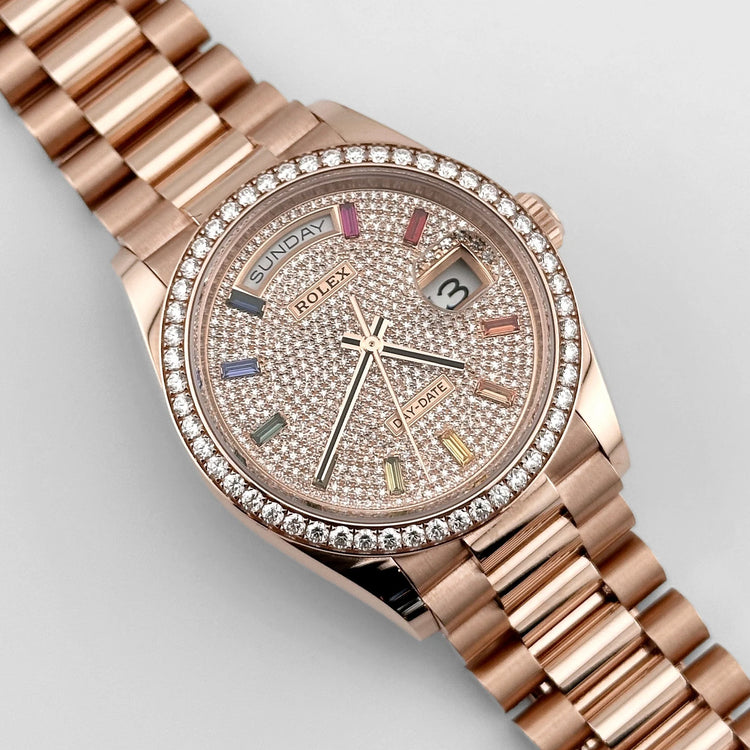 Day-Date Rose Gold Rainbow Diamond Pave Dial Diamond Bezel (2025) image 9