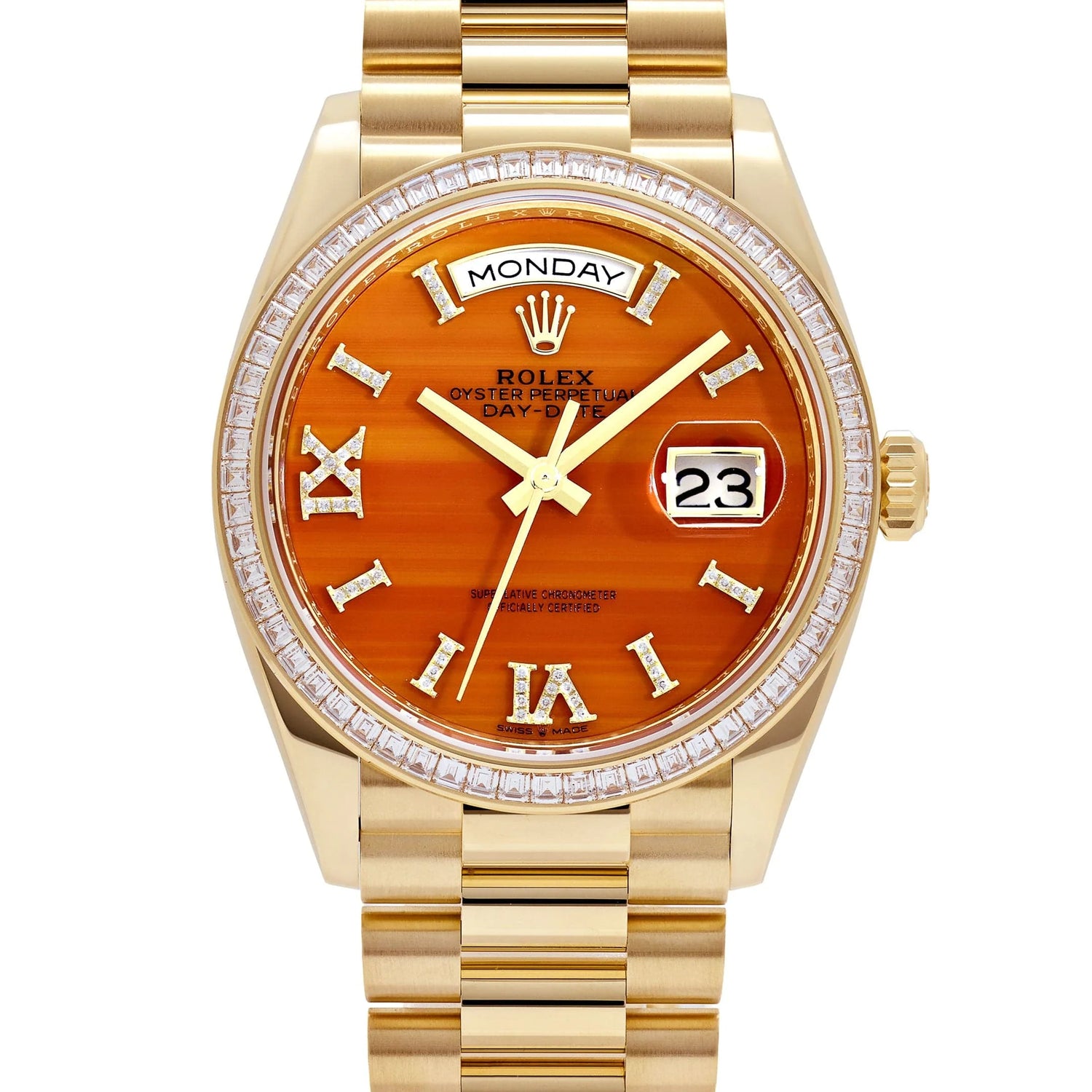Day-Date Yellow Gold Carnelian Diamond Roman Numerals Dial Diamond Bezel image 8