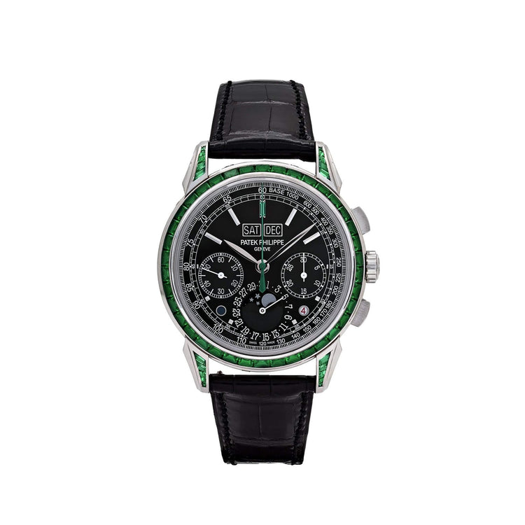 Grand Complications Perpetual Calendar Moon Phases Platinum Emerald Bezel Black Dial image 0