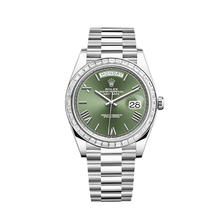 Day-Date Platinum Olive Green Dial Diamond Bezel image 0