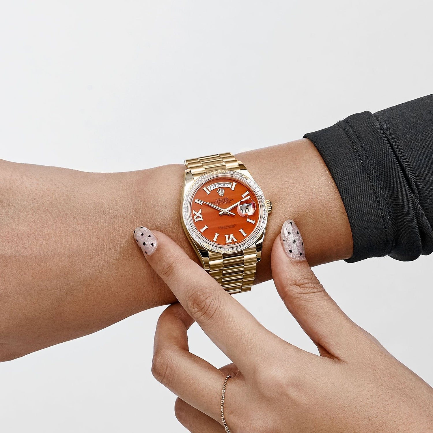Day-Date Yellow Gold Carnelian Diamond Roman Numerals Dial Diamond Bezel image 6