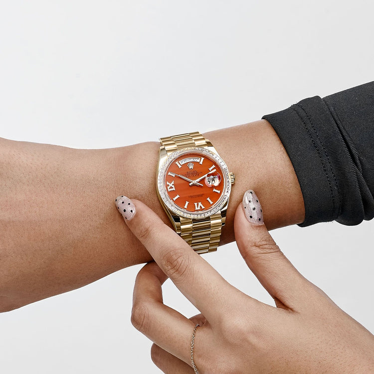 Day-Date Yellow Gold Carnelian Diamond Roman Numerals Dial Diamond Bezel image 6