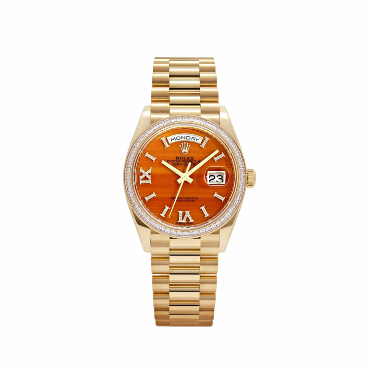 Day-Date Yellow Gold Carnelian Diamond Roman Numerals Dial Diamond Bezel image 0