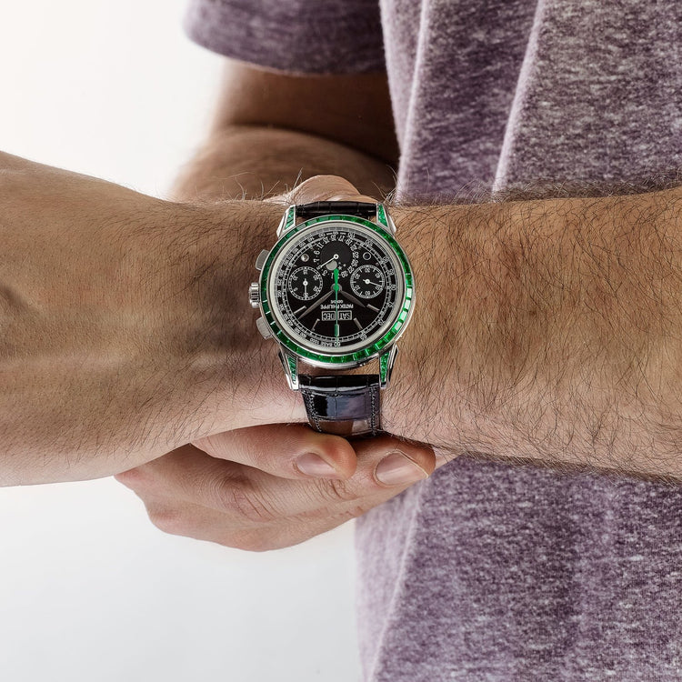 Grand Complications Perpetual Calendar Moon Phases Platinum Emerald Bezel Black Dial image 9