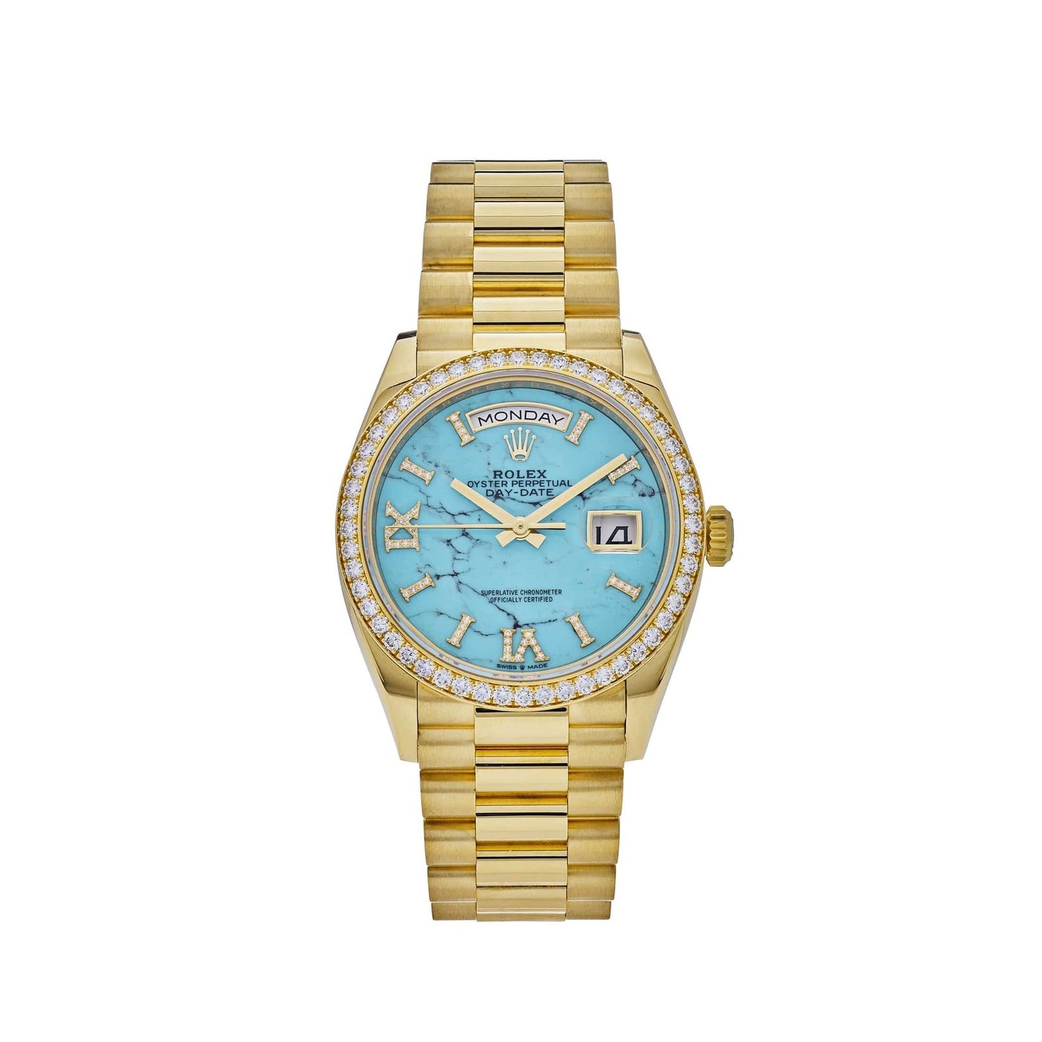 Day-Date Yellow Gold Diamond Bezel Turquoise Stone Diamond Dial image 0