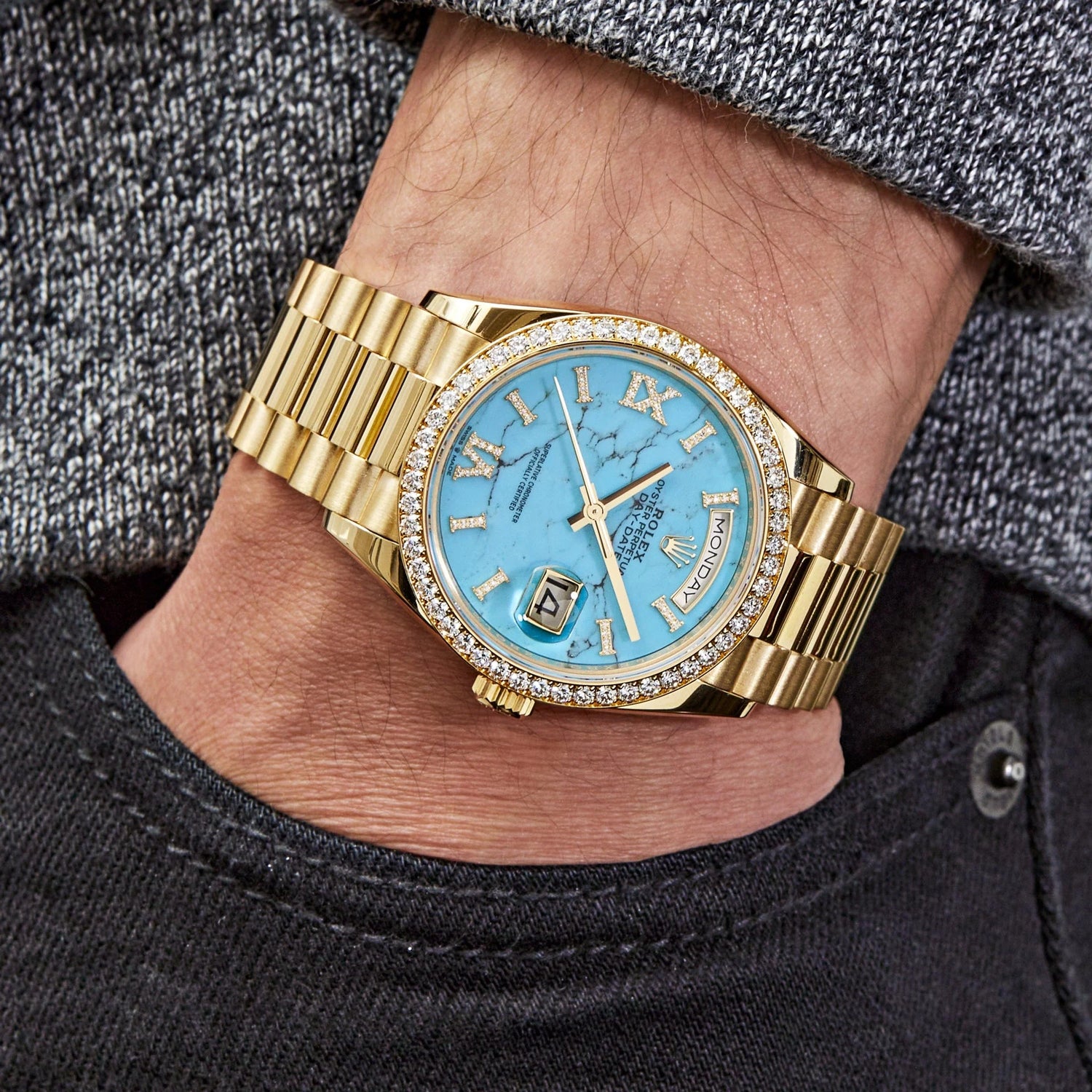 Day-Date Yellow Gold Diamond Bezel Turquoise Stone Diamond Dial image 7
