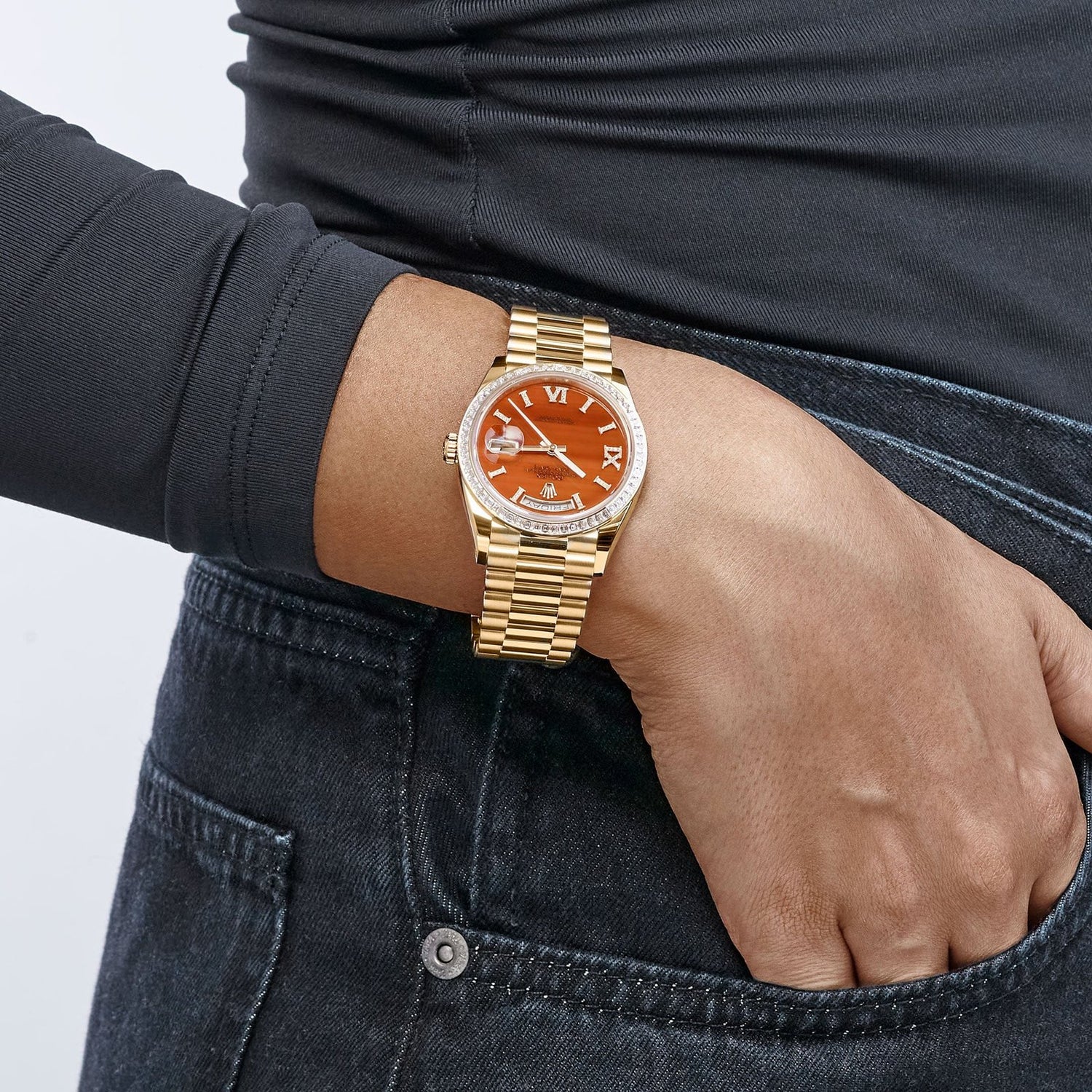 Day-Date Yellow Gold Carnelian Diamond Roman Numerals Dial Diamond Bezel image 7