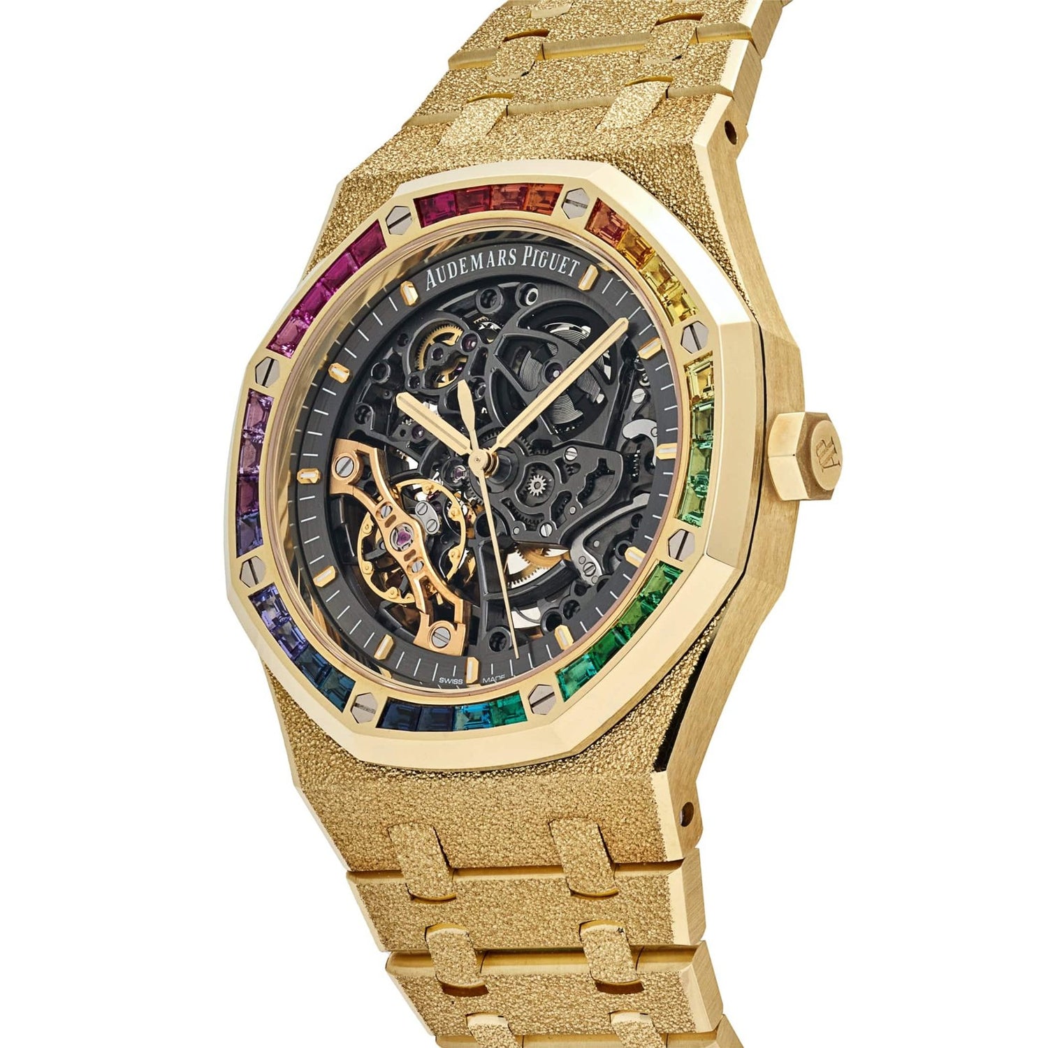 Royal Oak Frosted Yellow Gold Double Balance Wheel Rainbow Bezel image 6