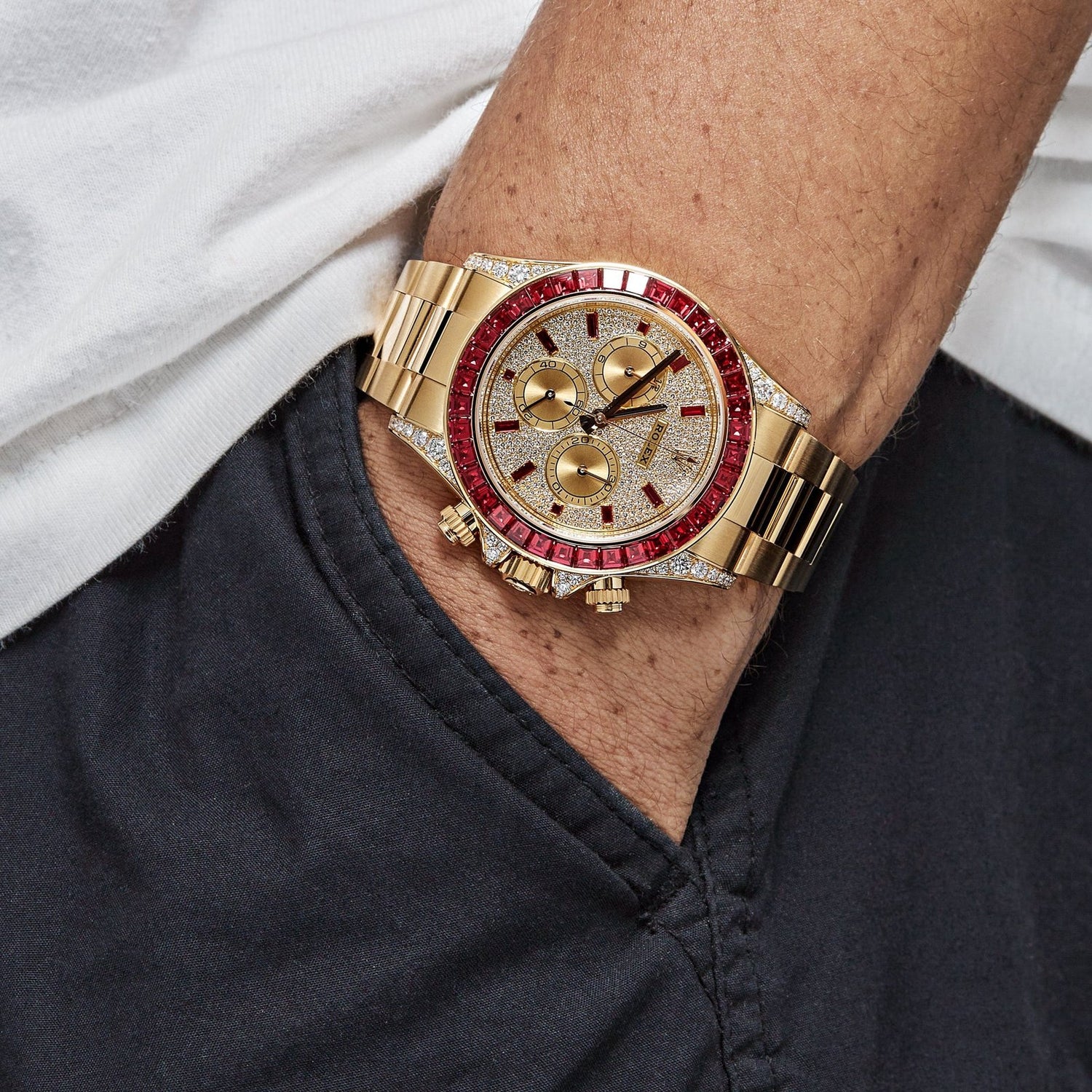 Daytona Yellow Gold Ruby Bezel Diamond Pave Dial image 7