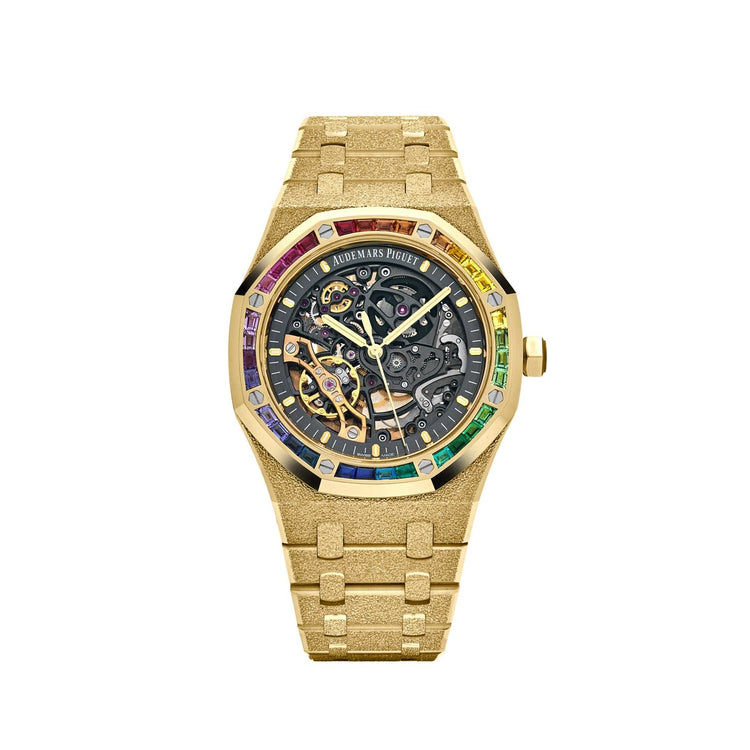 Royal Oak Frosted Yellow Gold Double Balance Wheel Rainbow Bezel image 0